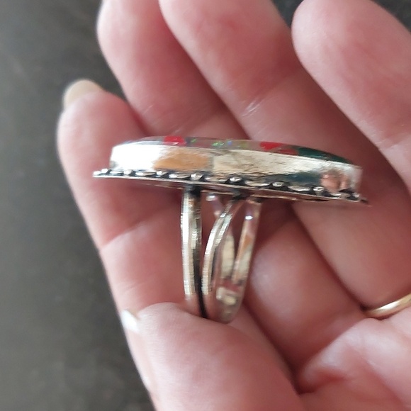 Sterling Silver 925 Large Marquise Stone Opalesque Colorful Sz 7 Red Blue Green - Picture 5 of 7